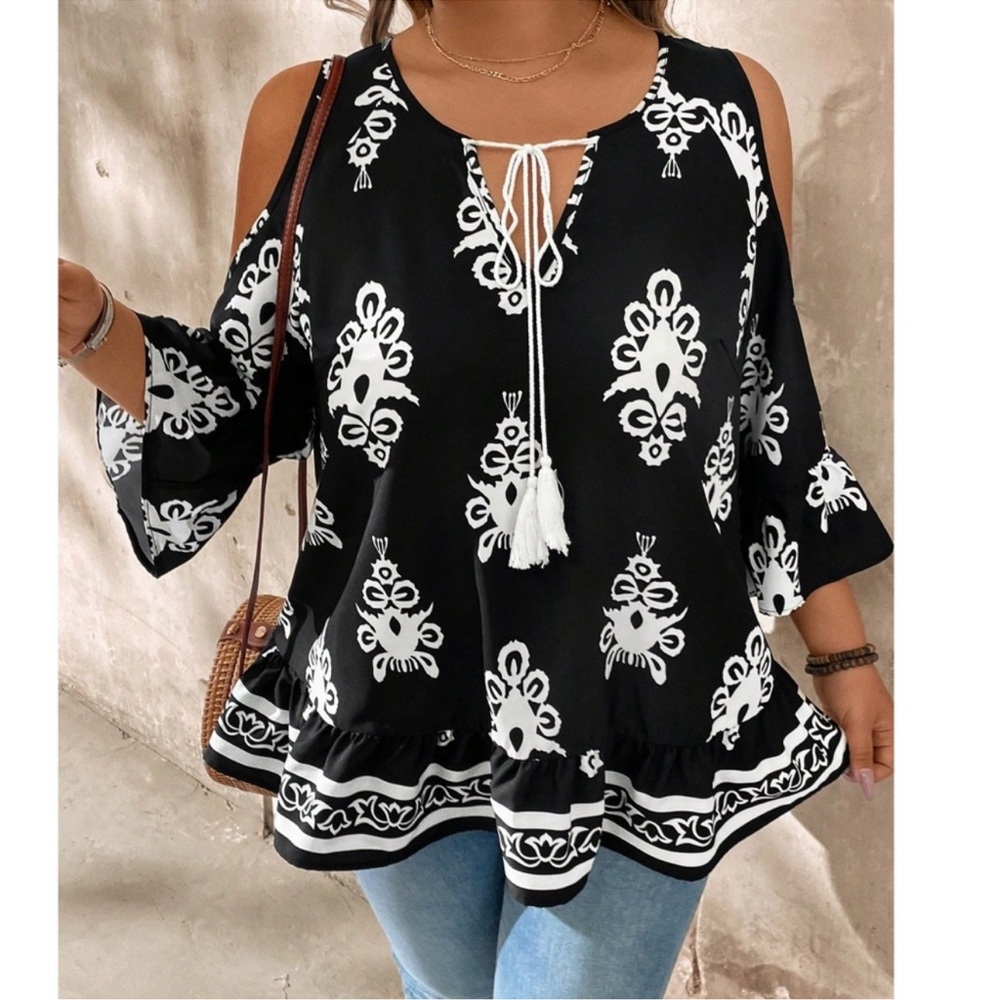 Boho Print Cold Shoulder 3/4 Sleeve Ruffle Hem Blouse 1X 2X 3X 4X